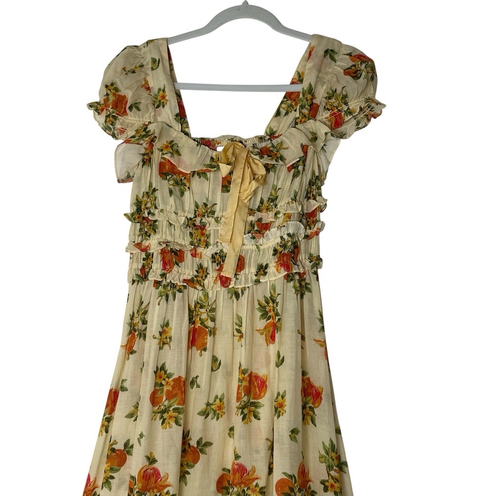 Doen Clarinet Maxi Dress Women Small Floral Orange Smocked Short Sleeve Romantic - Picture 8 of 14